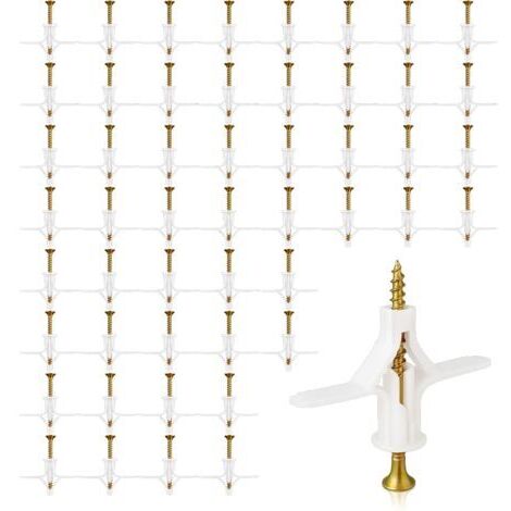 50 Chevilles à Expansion Forme Avion pour Placo, Béton Creux et Briques - 50 Ancres Plastique + 50 Vis - Fixation Murale pour TV, Étagères, Rideaux (Charge Max 50kg)