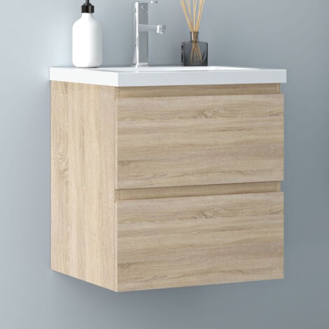 50 cm Badmöbel Set Unterschrank 2 Schubladen soft close Badezimmermöbel Selbstmontierter mit Weiß keramik waschtisch Unterschrank mit Eiche Matt