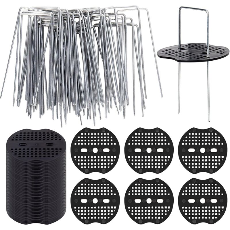 XVX - 50 de Lot piquets d'ancrage au sol et disques tampons, piquets anti-rouille en acier, clous en forme de u pour fixation de films, gazon