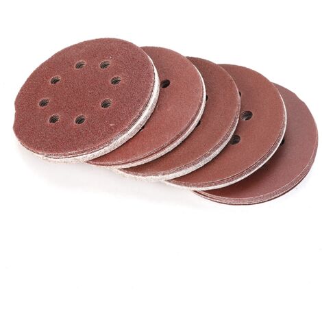 50 dischi abrasivi rotondi, diametro 125 mm, grana 40, 60, 80, 120 e 240, con 8 fori