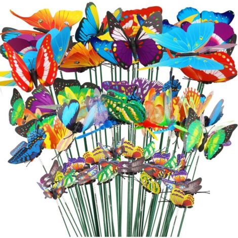 50 esculturas de animales para decoración de jardín, 50 mariposas en forma de palos de jardín, estacas de colores para jardín, patio, plantas, césped, mesa, adornos de 4 cm