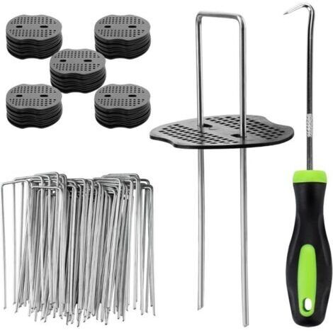50 estacas de jardín con 50 arandelas - Estacas de acero galvanizado para mantillo, tela de jardín, malla metálica y redes - 150 x 40 mm Ø 3 mm