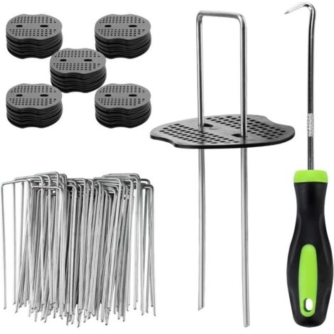 50 estacas de jardín con 50 arandelas - Estacas de fijación de acero galvanizado para mantillo, tela de jardín, malla metálica y redes - 150 x 36 mm Ø 3 mm