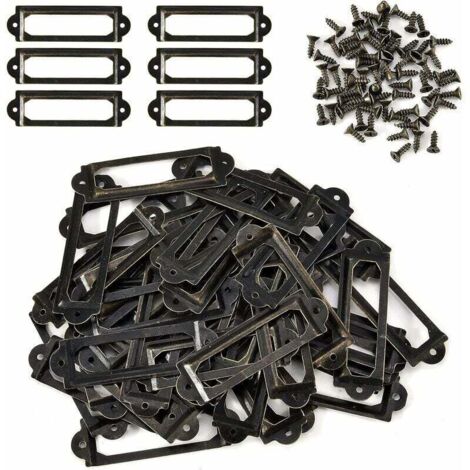 50 etiquetas portaetiquetas para tiradores de cajones de estantería, etiquetas con tornillos, 60 x 17 mm, bronce antiguo, de DEBUNS