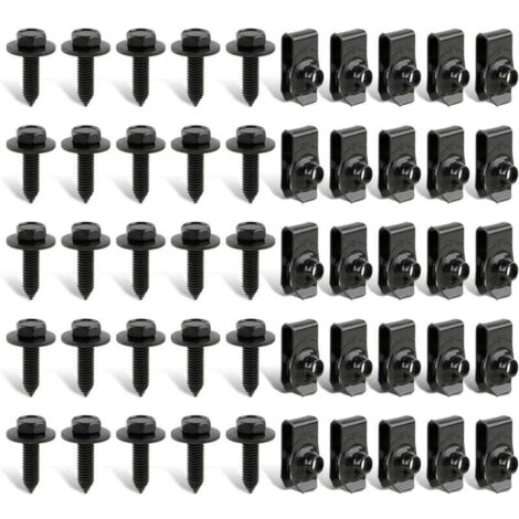 50 fixations de carrosserie automobile - 25 boulons et 25 clips en U pour garde-boue, capots et ailes