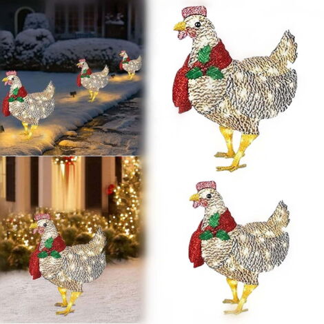 50 glänzende Metallhühner mit rotem Mistelzweig-Schal, Gartenstecker für Tiere, Mini-Festtags-Hahn-Gartendekorationen