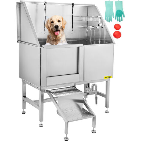 50" Hundehaustierbadewanne aus Edelstahl mit Wasserhahn begehbarer Rampe