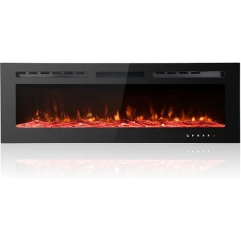 50-Inch Ultra-Thin Low-Noise Electric Fireplace, 12-Colour Adjustable Breathing Flames, for Recessed, Wall-Mounted or Free-Standing Installation, with Glass Touchscreen, Remote Control, and Crystal & 