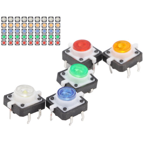50 Interrupteurs Poussoirs Tactiles Réarmables avec LED Multicolores (Rouge, Jaune, Bleu, Vert, Blanc), 12V DC, Pack de 50