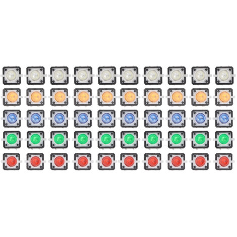 50 Interrupteurs Tactiles Momentanés Réinitialisables avec LED Rouge Jaune Bleu Vert Blanc, 12V DC, Lot de 50 Pièces