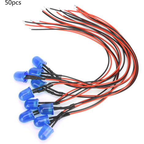 50 LED bleues 12V 0.06W 10mm avec câble 20CM 26AWG, pour équipement industriel et électronique