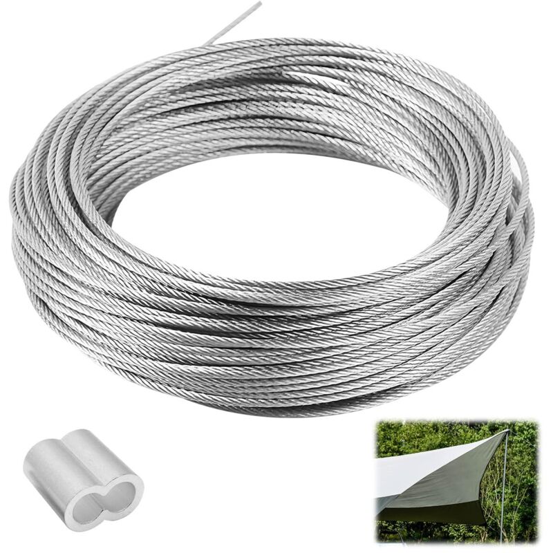 50 m x 1 mm Cable Acier, Corde Câble Métallique avec 50 Boucles de Sertissage en Aluminium, Flexible de Corde d'acier Inoxydable, Fil de Suspension