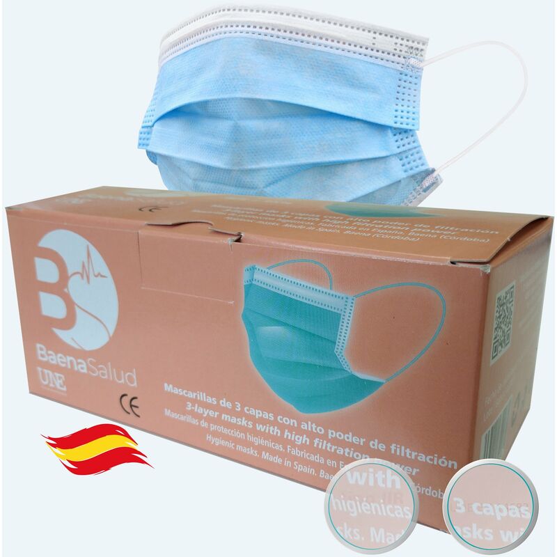 

50 Mascarillas HIGIÉNICAS desechables, en color azul, filtración (BFE) 95%, hechas en España