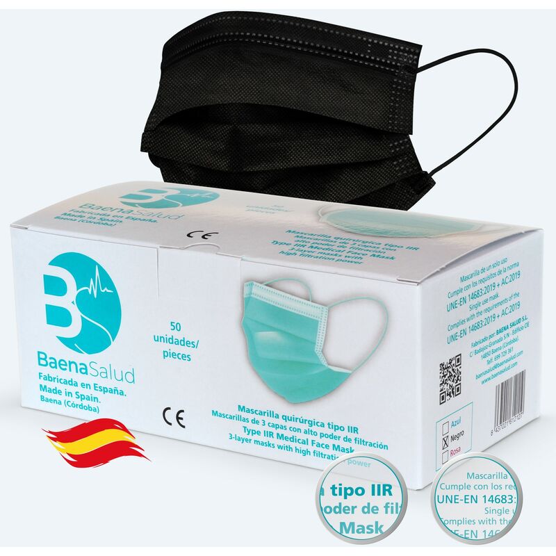 

50 Mascarillas higiénicas mascarillas Quirúrgicas desechables, Tipo IIR, en color negro, filtración (BFE) 98%, hechas en España