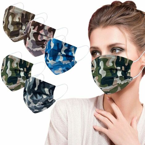 50 masques faciaux pour hommes et femmes adultes, 5 couches de masques PM2,5 jetables emballés individuellement, masque facial camouflage pour hommes et femmes, efficacité du filtre ≥ 95 %