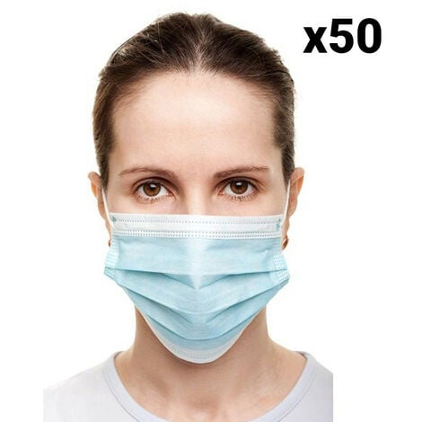 50 masques respiratoires type chirurgical 3 plis - Bleu clair - Taille unique