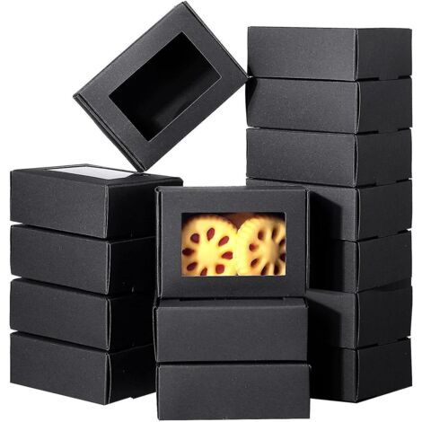 50 mini boîtes en papier kraft avec fenêtre, idéales pour emballer des cadeaux, des savons faits maison, des pâtisseries et des bonbons (noires).