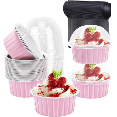 50 Mini-Kuchenformen mit Deckel und Löffeln, runde Backformen aus Aluminiumfolie, kleine Brotkästen, Becher für Brot, Dessert, Picknick, Party (Silberrosa)