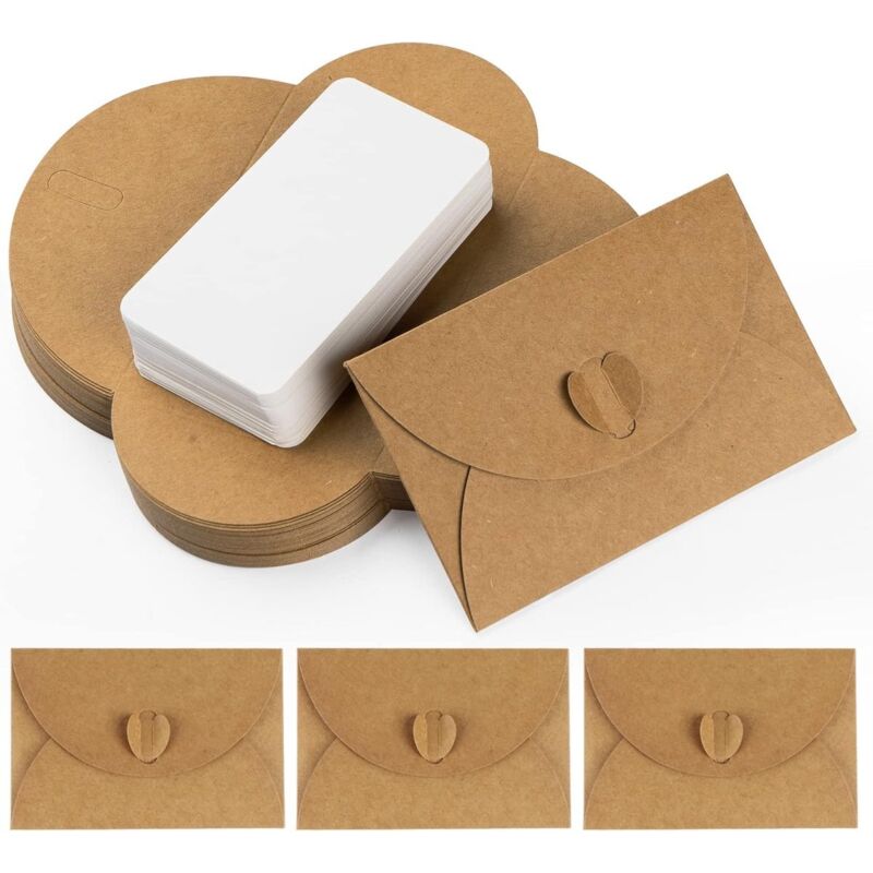 50 mini sobres con tarjetas - Cartulina Kraft vintage, cierre en forma de corazón, tarjetas en blanco, 10,3 x 7 cm, para tarjetas de agradecimiento