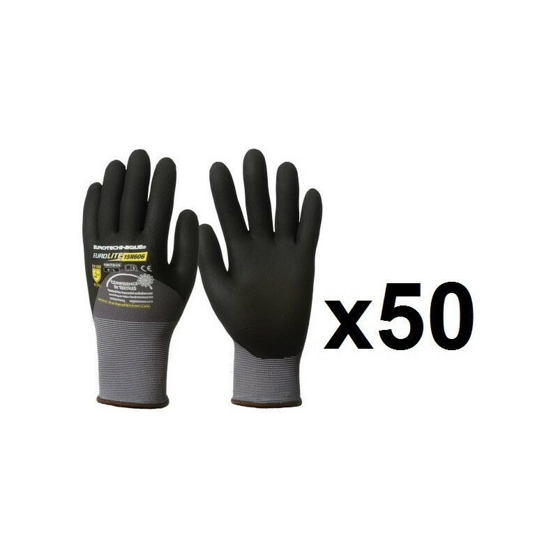 50 paires de gants micro mousse enduction 3/4 nitrile 15N606 EuroLite - Taille: 10