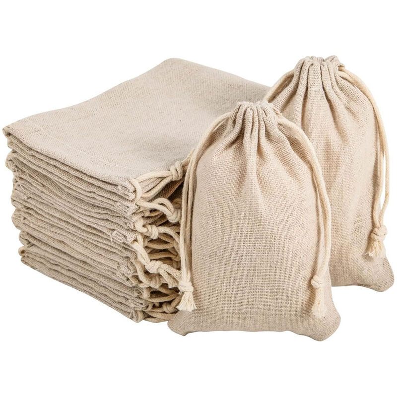 50 pcs Sac Filtrant en Coton 10×12 cm Pochon Tissu Réutilisable Sachet Toile de Jute Conception de Corde Twitching pour Infusion du Thé