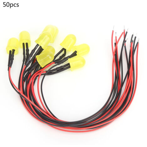 50 perles lumineuses LED jaunes 12V 0.06W 10mm avec câbles 20CM 26AWG, pour composants électroniques et projets industriels