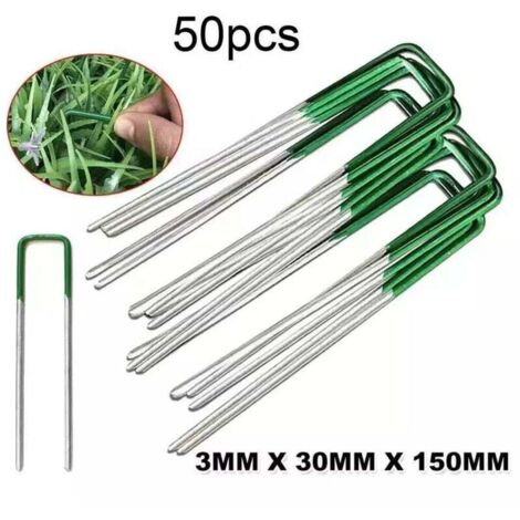 50 pezzi di inserti per erba sintetica per esterni, picchetti universali da giardino a forma di U, robusti, in acciaio zincato, fissaggio a metà verde con estremità smussata