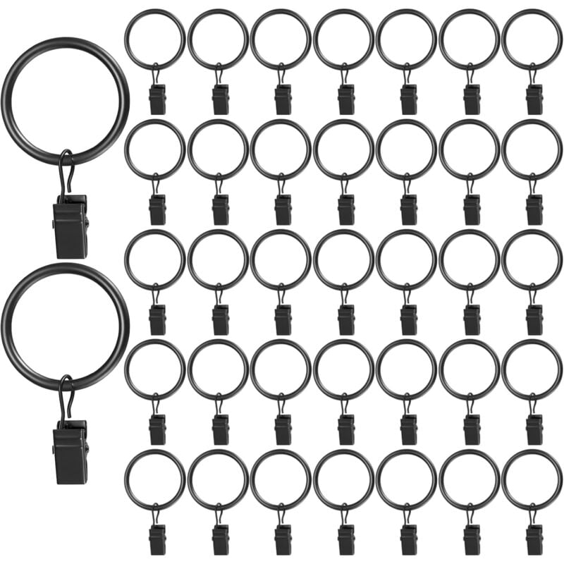 50 Pièces Anneaux de Rideau avec Clips, Anneaux à Pince de Rideau en Metal, pour Tringle à Rideaux de Douche, Rideau de Fenêtre, avec Crochet - Noir