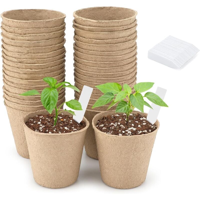 Kinsi - 50 Pièces 6CM Pot de Culture Biodegradable pour Semis, Peti Pot pour Plantation, avec 50 5x1 cm Etiquette Plante