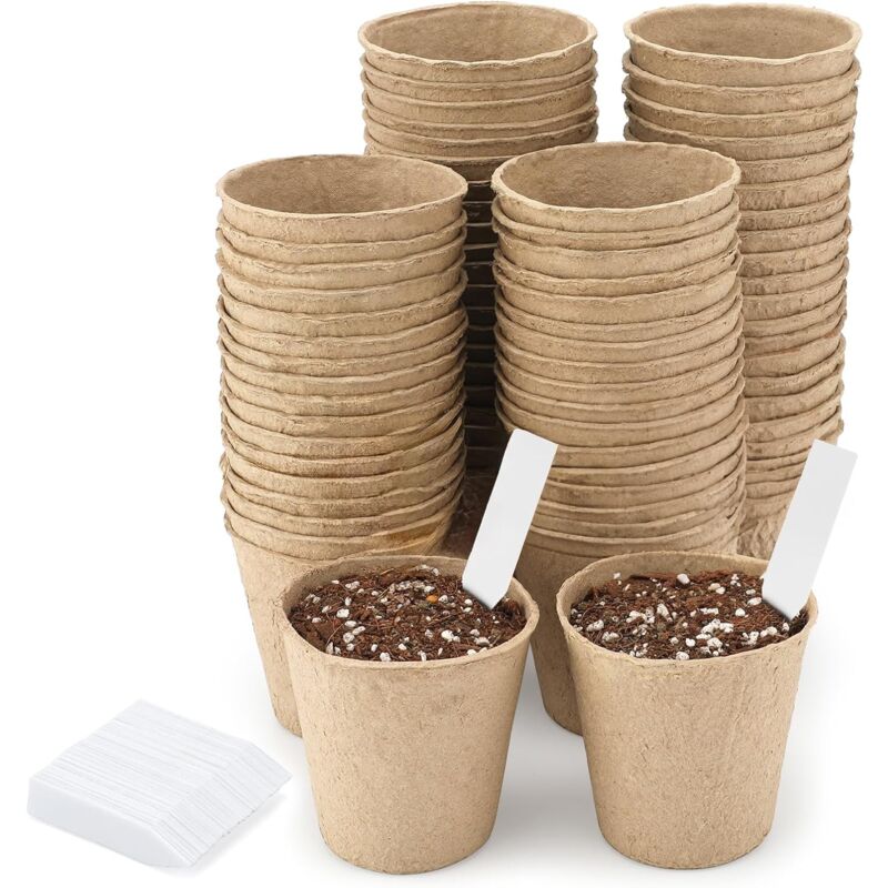 Shining House - 50 Pièces 8 cm Pot de Culture Biodegradable pour Semis, Petit Pot pour plantation, Godets de Rempotage Degradable, avec 50 5x1 cm