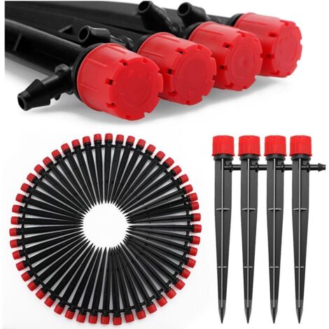 50 Pieces Adjustable Irrigation Dripper, 360 Degree 8-Hole Micro Drip Sprinkler with Barbed Connector & Support Stake for 4/7mm Tubing, Insert Irrigation Dripper, Red