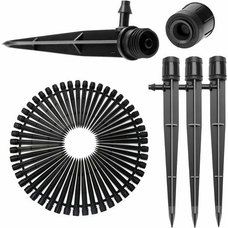 50 Pieces Adjustable Irrigation Dripper, 360 Degree Micro Drip Sprinkler with Barbed Connector & Support Stake for 4/7 mm Tube, Irrigation Dripper Insertion, Black