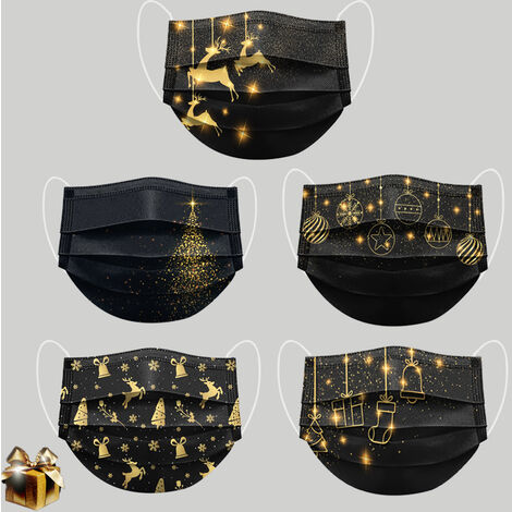 50 Pièces Adulte Masque Noël Tissu Non-tissé Protection Faciale Jetable Antipoussière Convient pour Noël et les Voyages Quotidiens Mode Noir