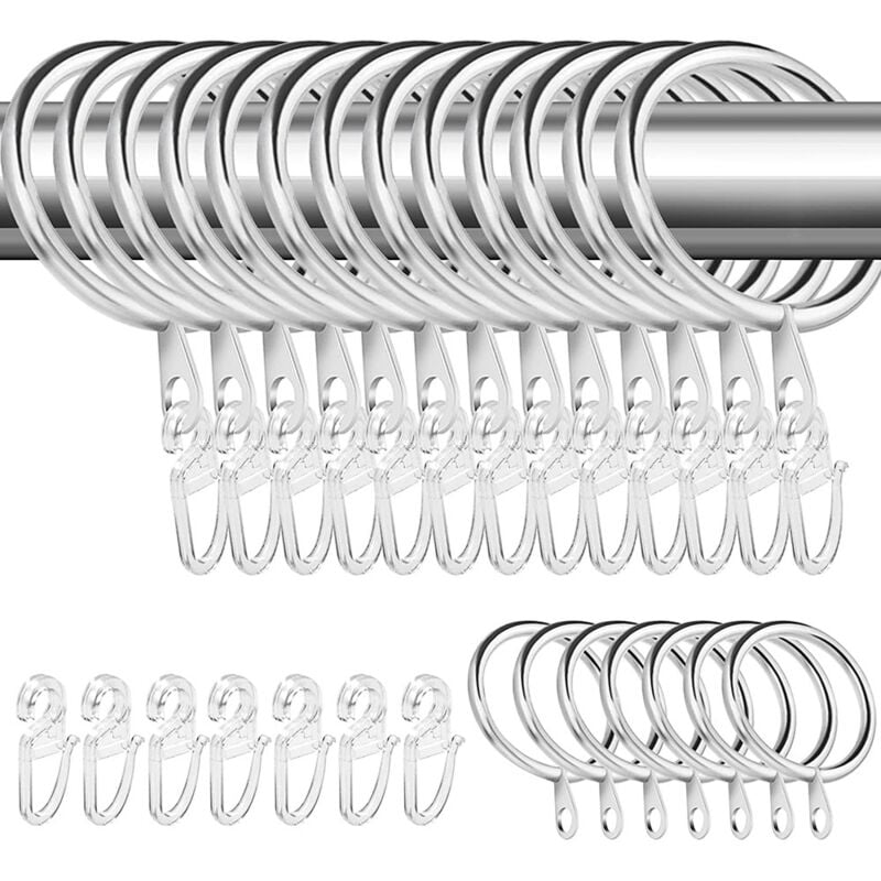 50 Pièces Anneaux Rideaux en métal et 60 Pièces Crochet Rideau, Anneaux pour Tringle à Rideaux, Diamètre Intérieur 30mm, Crochet pour Rideaux,