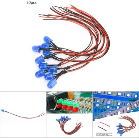 50 pièces de LED chromatiques 12V 0.06W 10mm avec câbles 20CM 26AWG pour accessoires industriels bleus