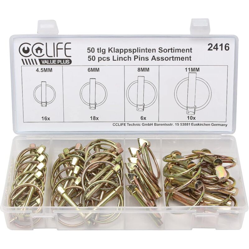 50 pièces Goupille de lynch avec anneau pour remorque de tracteur agricole,Assortiment de goupilles clips rond sécurité 4.5-6-8-11 mm Acier Galvanisé