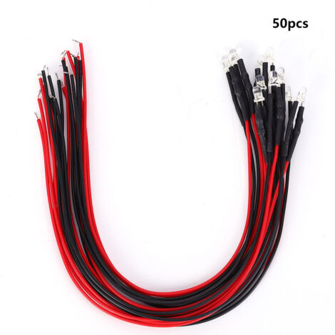 50 pièces LED rondes 12V 3mm à tête droite avec fils et connecteurs, diodes lumineuses pour circuits électroniques