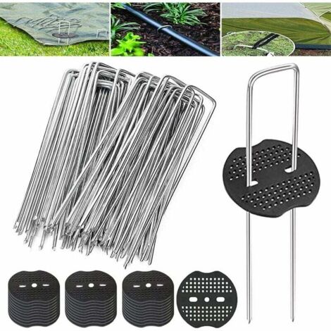 50 Pièces Piquets de Jardin avec 50 Rondelles Piquet de Fixation U-Forme Sardines de Fixation Bache Fixation Galvanisés Ancrages au Sol pour Toiles de paillage (15x3cm)