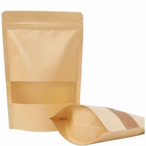 50 pièces Sac en Papier Kraft Zip Petit Sac en Papier avec fenêtre Sac ziplock Alimentaire-adapté aux graines de thé de café de Fruits secs (12x20cm)-Fei Yu