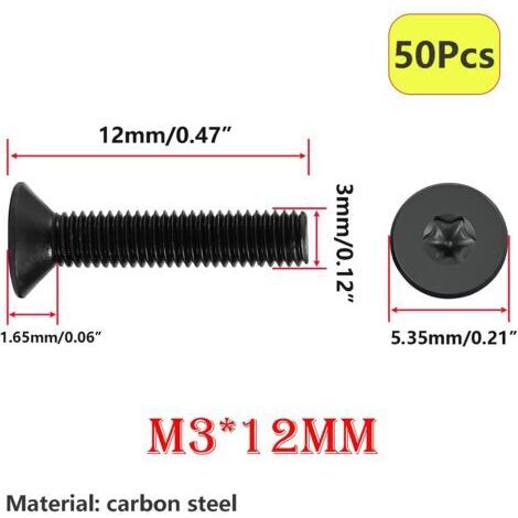 50 Pièces Vis à Tête Fraisée, M3 x 12mm Tête Torx, en Acier Carbone 10.9, Vis Mécaniques
