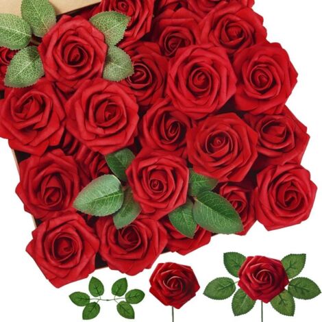 50 roses artificielles rouges avec tiges, bouquet de mariée, compositions florales décoratives pour mariage, centres de table, décoration intérieure (kits floraux DIY)