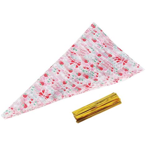 50 sachets cônes transparents pour bonbons, pop-corn, avec liens torsadés et motif cerise