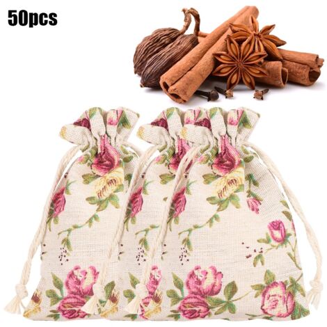 50 Sachets en Toile de Jute à Cordon avec Motif Botanique pour Emballage Cadeaux, Mariage et Événements