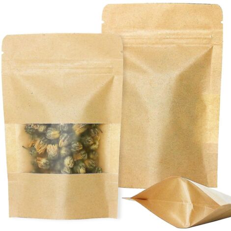 50 sachets kraft à fermeture zip, format stand-up, avec encoche et fenêtre mate - 10 x 15 cm