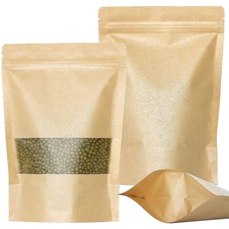 50 sachets kraft à fermeture zip, format stand-up, avec encoche et fenêtre mate - 14 x 20 cm