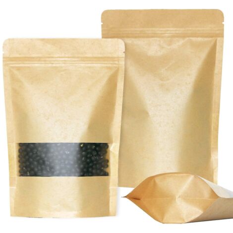 50 sachets kraft à fermeture zip, format stand-up, avec encoche et fenêtre mate - 15 x 22 cm