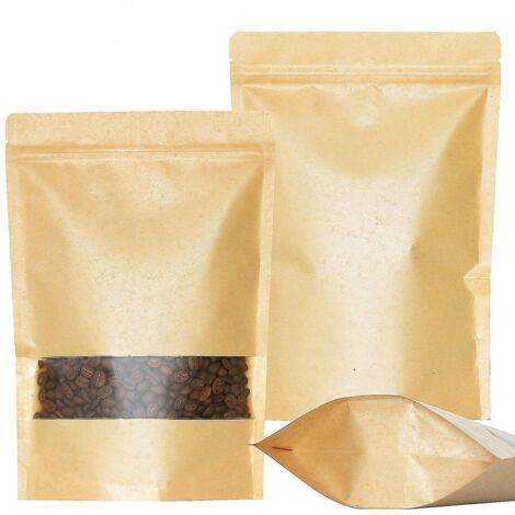 50 sachets Kraft à fermeture zip, format stand-up, avec encoche et fenêtre mate - 18 x 26 cm