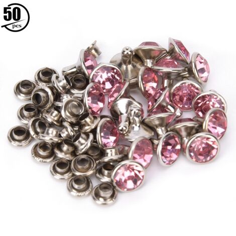 50 Sets Kristall-Diamant-Strassnieten zum Verzieren von Taschen und Lederbekleidung, silberner Rand, 8 mm rosa Diamanten