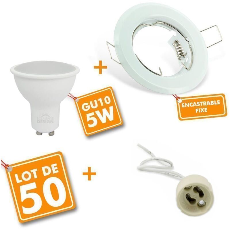 50 Spot led encastrable complet blanc Fixe avec Ampoule GU10 5W Eq 50W Température de Couleur: Blanc neutre 4000K