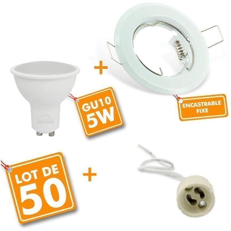 50 Spot LED encastrable complet blanc Fixe avec Ampoule GU10 5W Eq 50W Température de Couleur: Blanc chaud 2700K